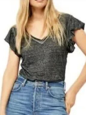 We The Free Effortless Heather Black V-Neck Flutter Sleeves Tee